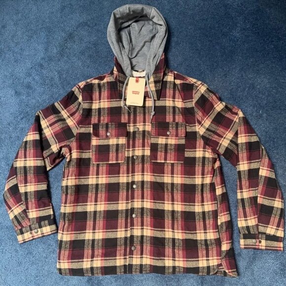 Levi's Plaid Flannel Sherpa Lined Shacket Mens L Hooded Cozy Gorpcore Workwear - Picture 2 of 16
